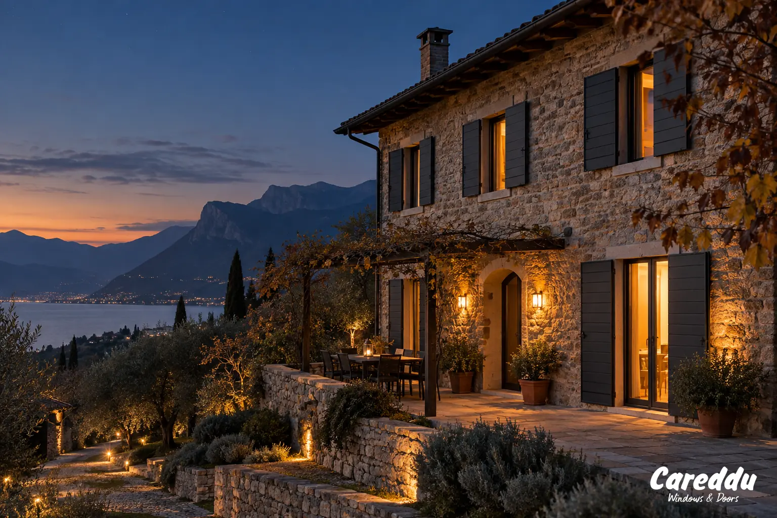 Scuri in alluminio chiusi al tramonto su un rustico vicino al Lago di Garda