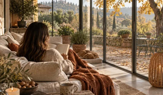 Veranda chiusa con vetrate scorrevoli in alluminio: lettura d'inverno con giardino autunnale fuori