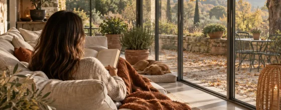 Veranda chiusa con vetrate scorrevoli in alluminio: lettura d'inverno con giardino autunnale fuori
