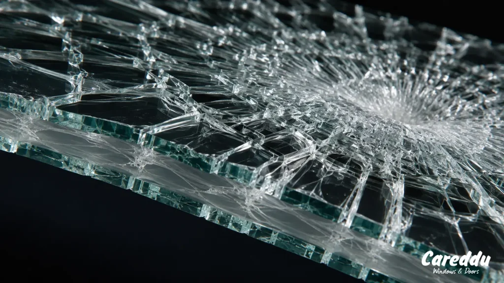 Vetro laminato dopo un urto: frammenti trattenuti dalla pellicola PVB - vetri di sicurezza