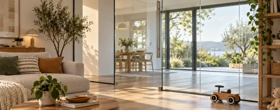 Porta in vetro laminato di sicurezza in un soggiorno luminoso - vetri di sicurezza Careddu