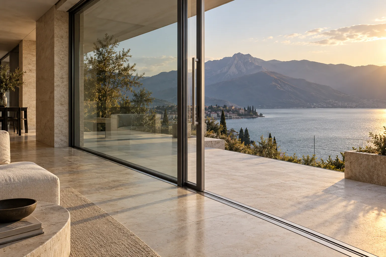 Portafinestra scorrevole in alluminio con profili sottili aperta su una terrazza affacciata sul lago