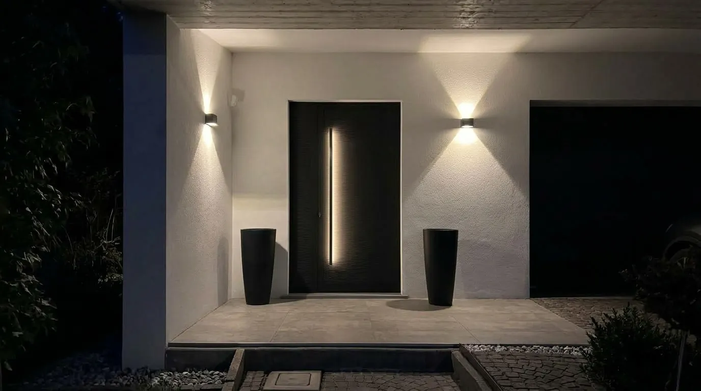 Porta d’ingresso con maniglione LED retroilluminato di notte, villa a Paratico